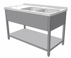 Nerezový mycí stůl s lisovanými dřezy a policí (šířka 600 mm),  délka 900 mm