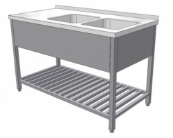 Nerezový mycí stůl s lisovanými dřezy a roštovou policí (šířka 600 mm),  délka 1200 mm